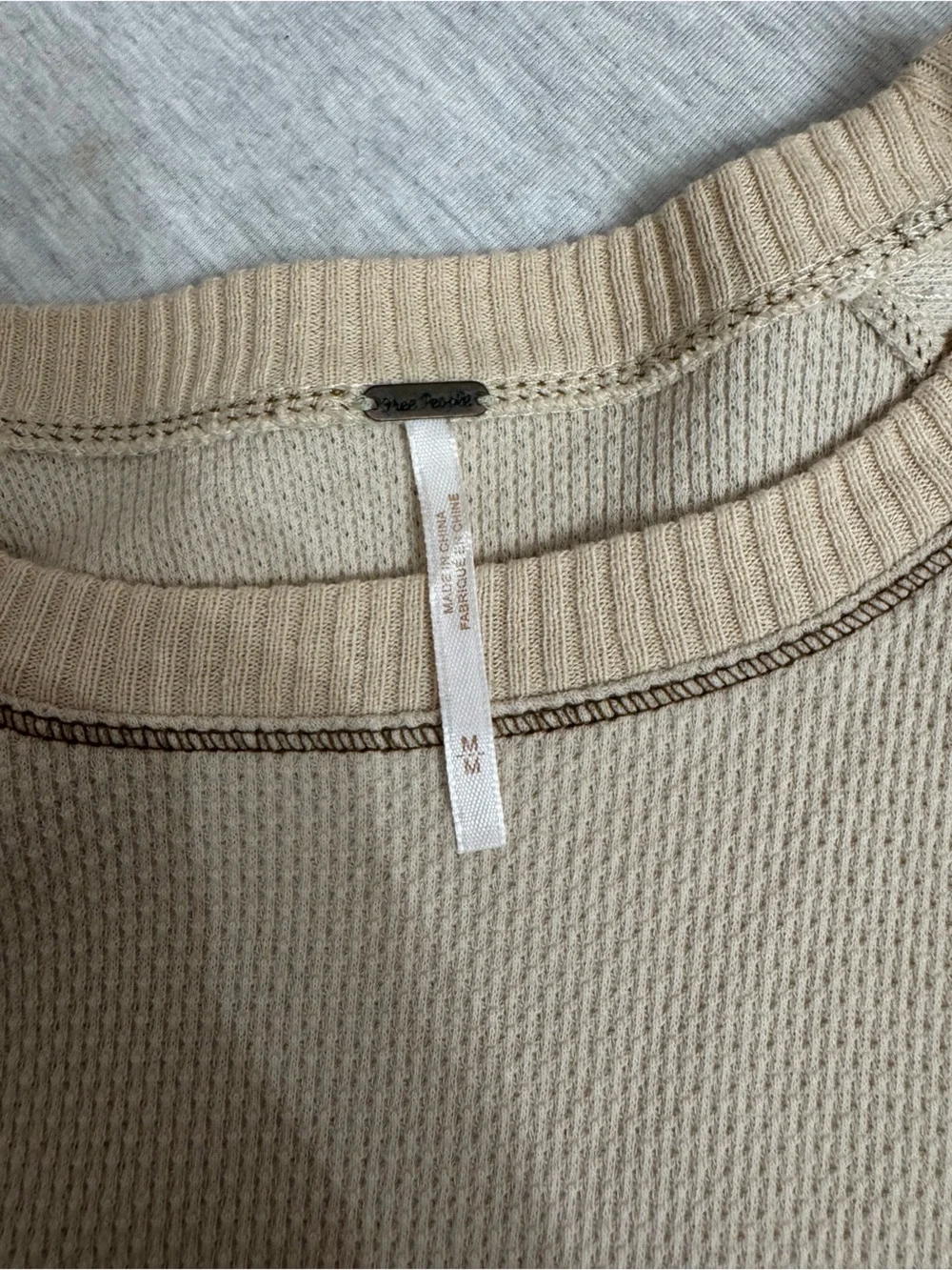 Free People Beige Scoop-Neck Sweater with Patterned Crochet Cuffs